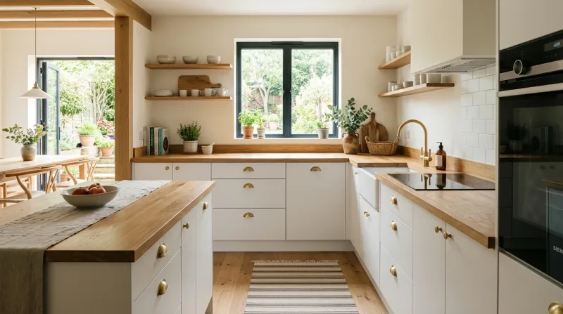 Calm, characterful Slab kitchen in matt white with warm wood worktop
