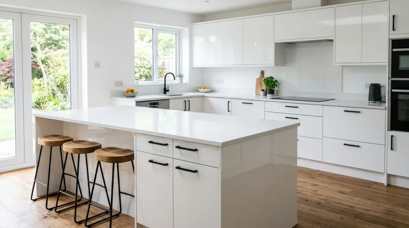 Bright, characterful Slab kitchen in gloss white with white quartz worktop