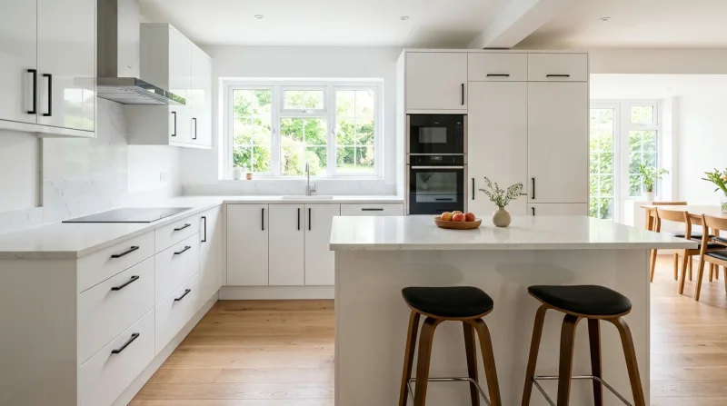 Bright, family Slab kitchen in gloss white with white quartz worktop