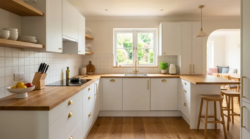 Light, family Slab kitchen in gloss white with white quartz worktop