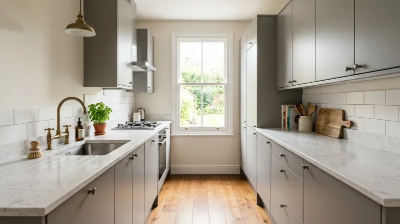 Warm, characterful Slab kitchen in mid grey with marble-effect worktop