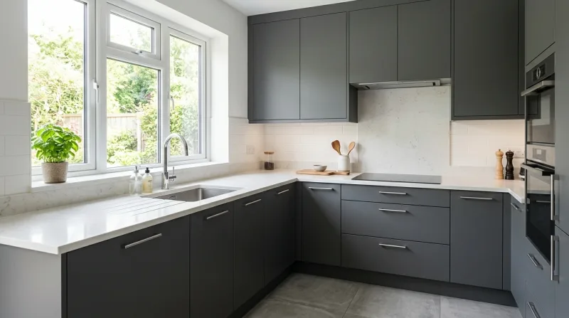 Smart, characterful Slab kitchen in graphite with light stone worktop