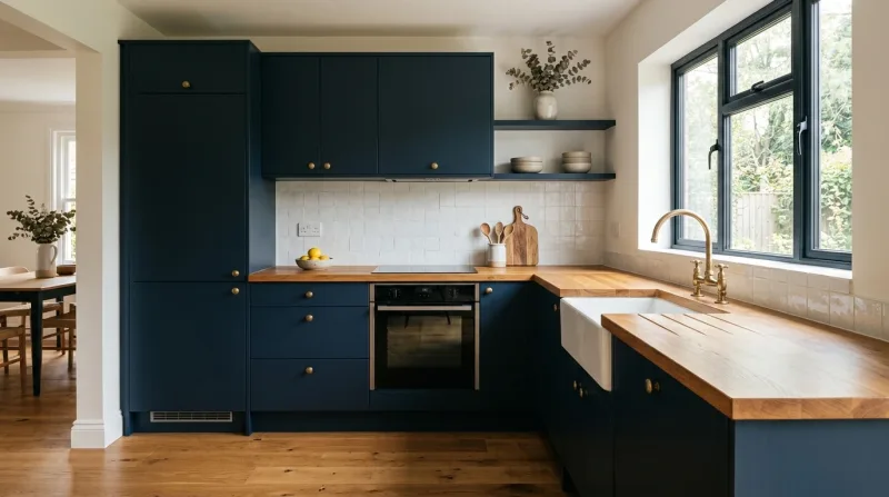 Soft, characterful Slab kitchen in deep navy with solid oak worktop