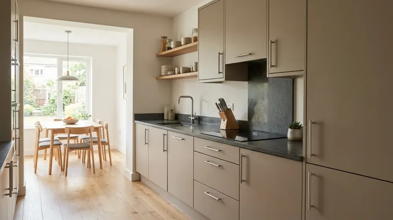 Fresh, characterful Slab kitchen in warm taupe with dark stone worktop
