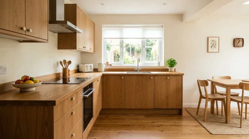 Calm, characterful Slab kitchen in woodgrain oak with warm wood worktop