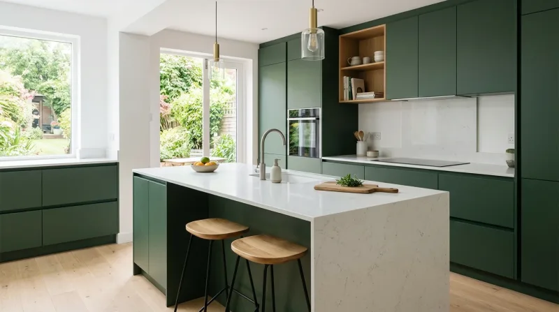 Bright, characterful Slab kitchen in forest green with white quartz worktop