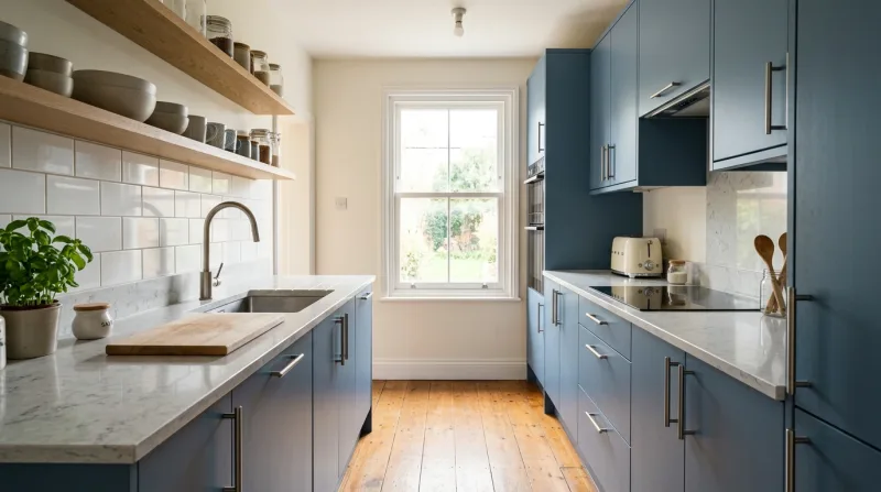 Warm, characterful Slab kitchen in dusky blue with marble-effect worktop