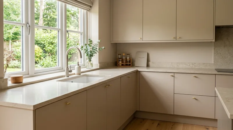 Smart, characterful Slab kitchen in cashmere with light stone worktop
