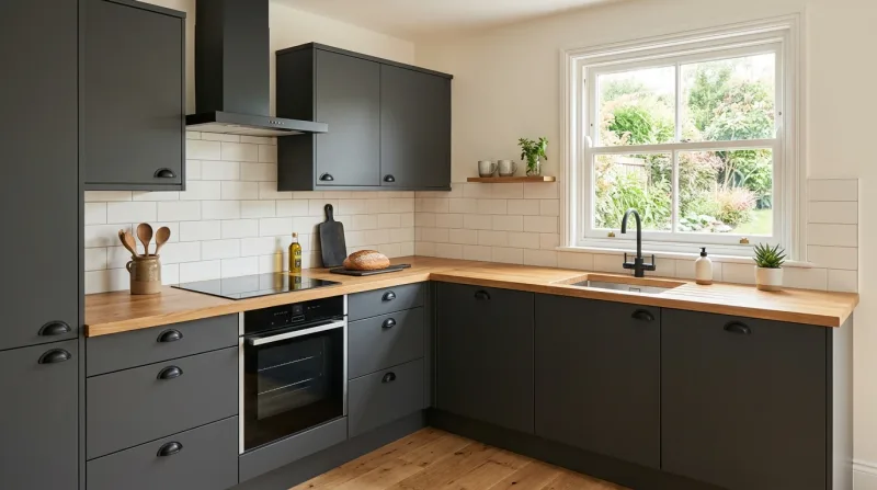Soft, characterful Slab kitchen in anthracite with solid oak worktop