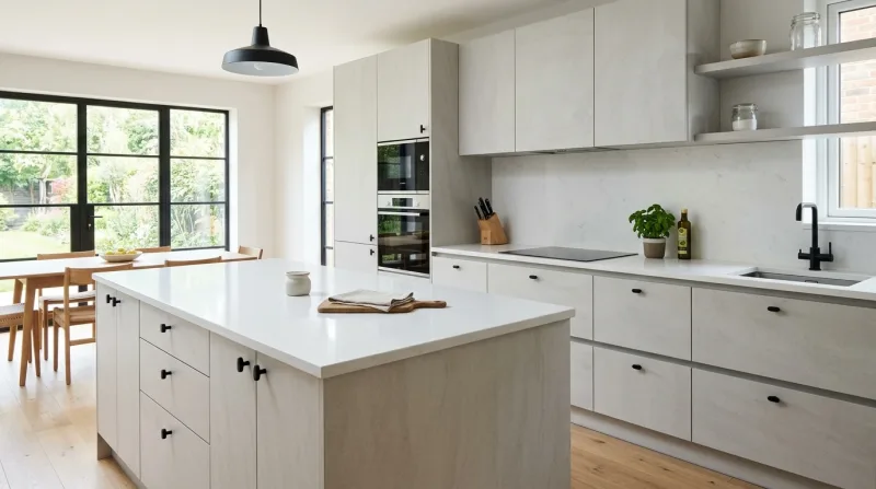 Bright, characterful Slab kitchen in dark stone with white quartz worktop