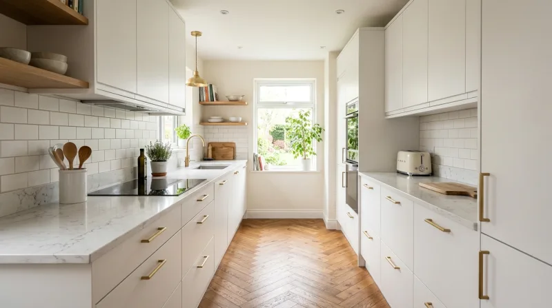 Warm, characterful Slab kitchen in matt white with marble-effect worktop
