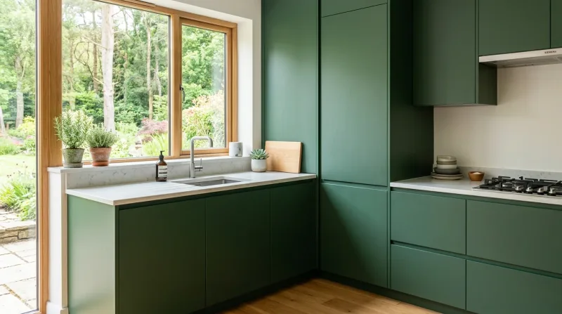 Smart, characterful Slab kitchen in forest green with light stone worktop