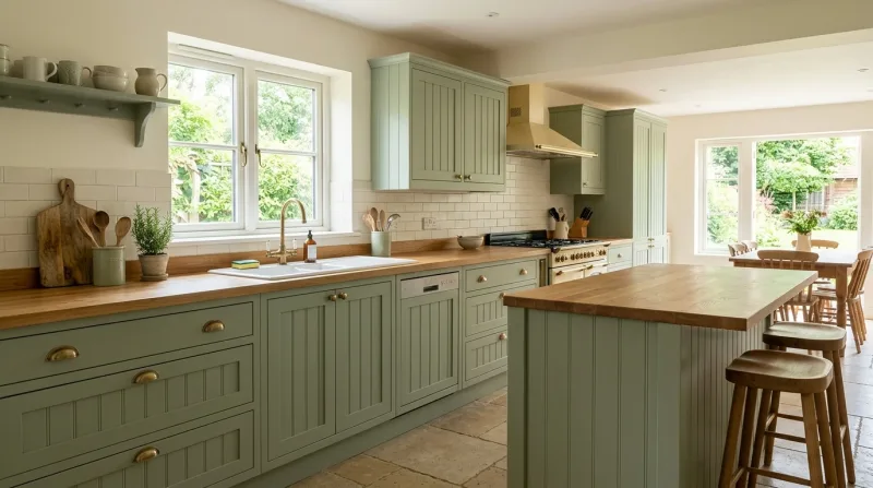 Calm, characterful Tongue & Groove kitchen in sage green with warm wood worktop