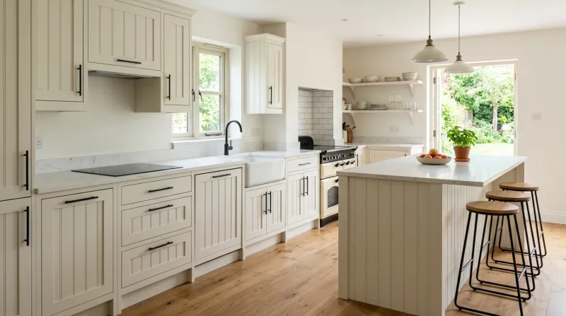 Bright, characterful Tongue & Groove kitchen in off-white with white quartz worktop