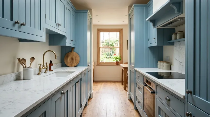 Warm, characterful Tongue & Groove kitchen in light blue with marble-effect worktop