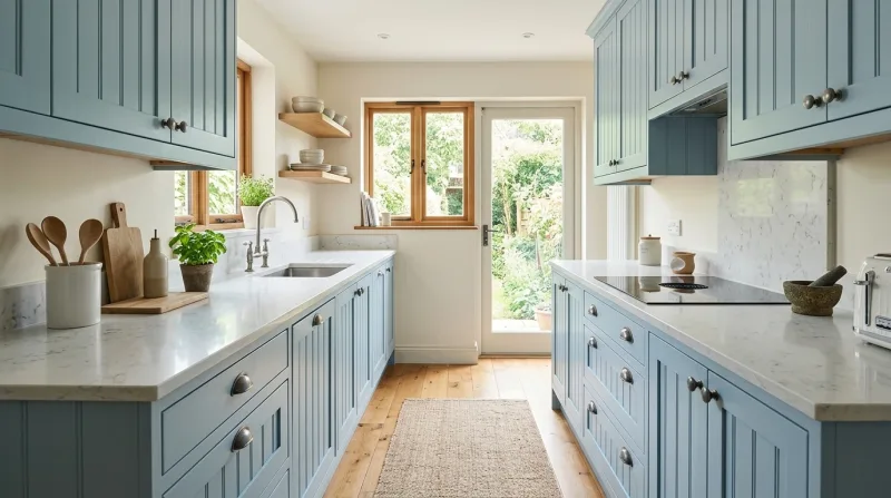 Warm, light Tongue & Groove kitchen in soft blue with light marble-effect worktop