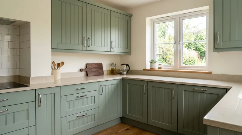 Smart, characterful Tongue & Groove kitchen in muted green with light stone worktop