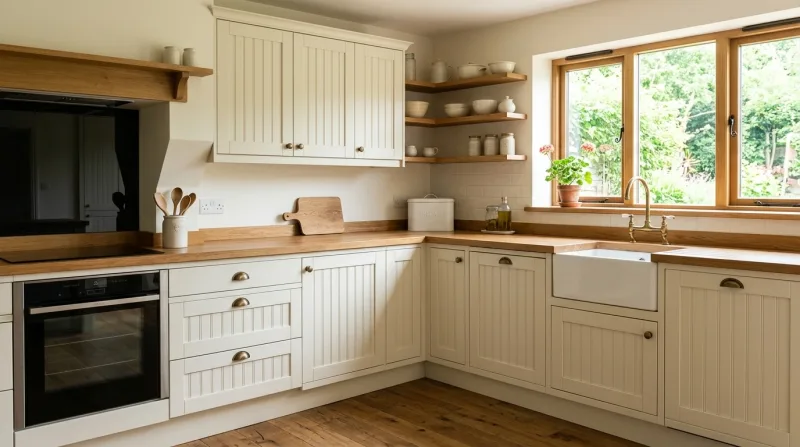 Soft, characterful Tongue & Groove kitchen in cream with solid oak worktop