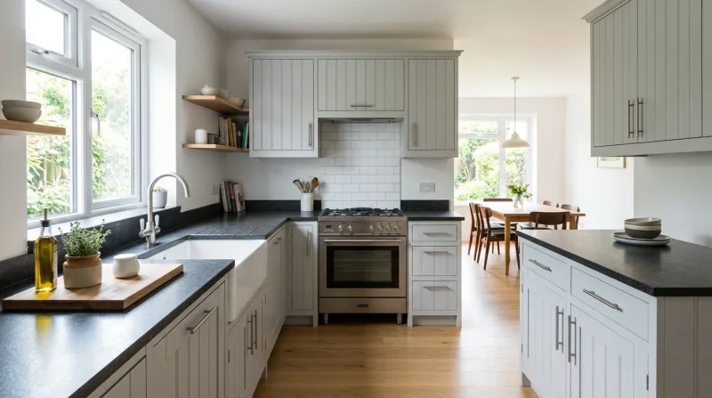 Fresh, characterful Tongue & Groove kitchen in pale grey with dark stone worktop