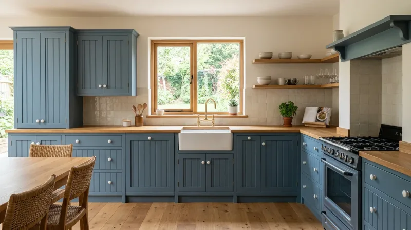 Calm, characterful Tongue & Groove kitchen in dusky blue with warm wood worktop