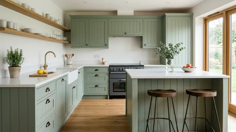 Bright, characterful Tongue & Groove kitchen in sage green with white quartz worktop