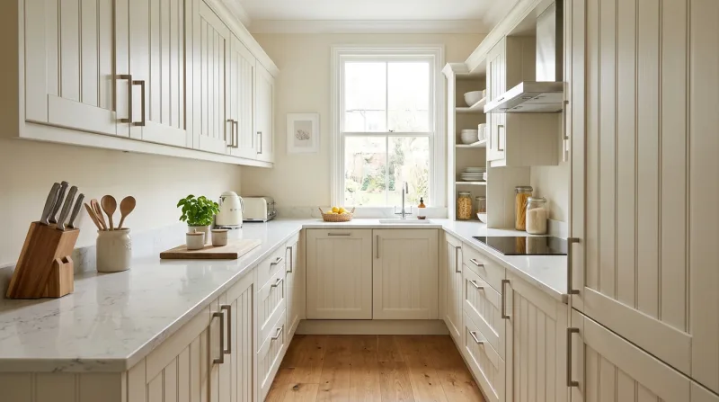 Warm, characterful Tongue & Groove kitchen in off-white with marble-effect worktop