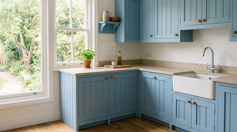 Smart, characterful Tongue & Groove kitchen in soft blue with light stone worktop