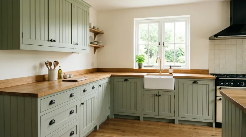 Soft, characterful Tongue & Groove kitchen in muted green with solid oak worktop