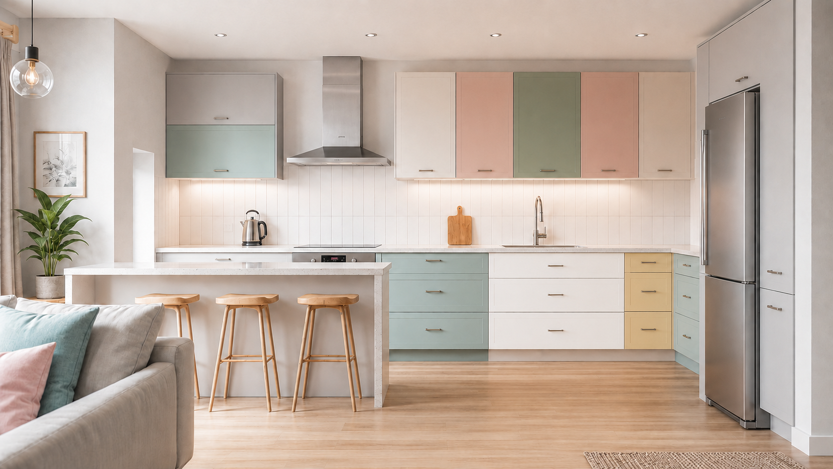 Modern sage green shaker kitchen with island and wooden stools